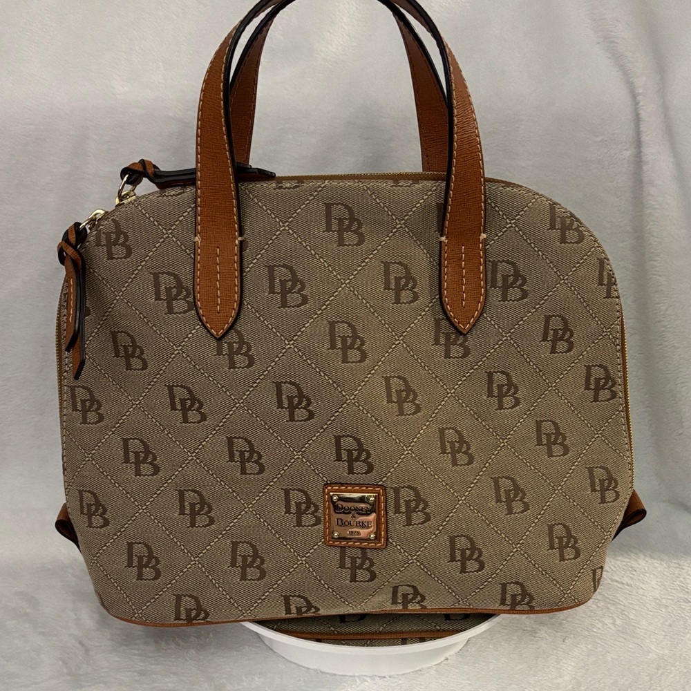 Dooney & Bourke Taupe Satchel with Brown Leather Trim